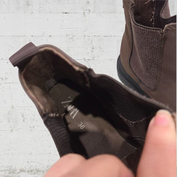 Zara Brown Faux Leather Split Corduroy Sock Boots Pull On Ankle Booties Size 36 - Picture 10 of 11